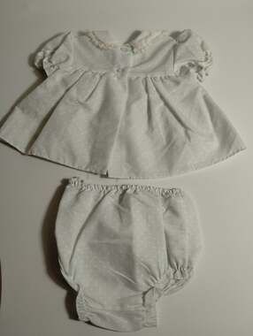 Vintage Cutest One 6-9 M Baby Dress & Bloomers Lt Green White Polka Dots & Lace